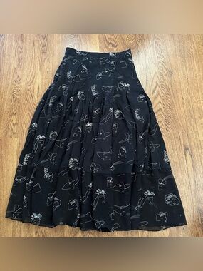 CO Collections Black Midi Skirt with White Line-Drawn Print NO SIZE lined